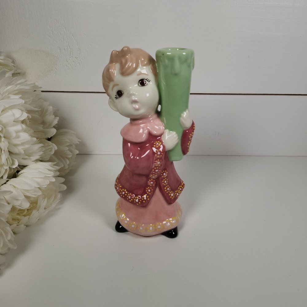 VTG Ceramic Choir Boy Candle Holder Pink Robe, Retro Christmas Decor Mid Century